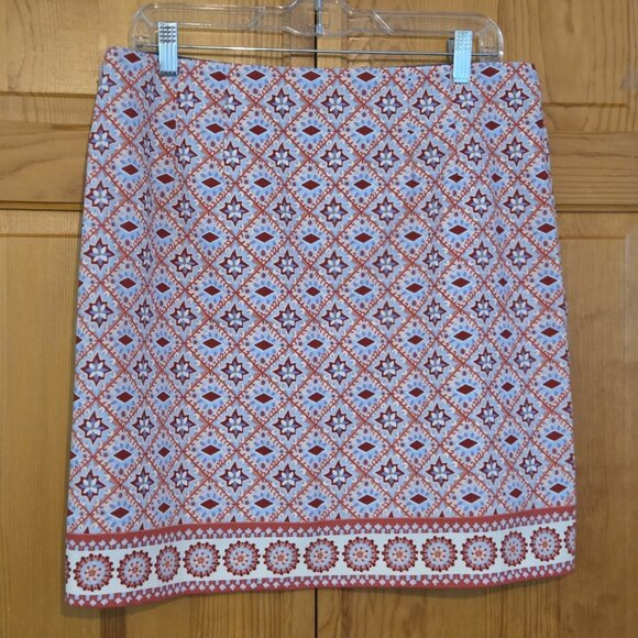 TALBOTS Skirt 10 Medallion Border Print Stretch Cotton Pink Red Blue NEW - Picture 11 of 15